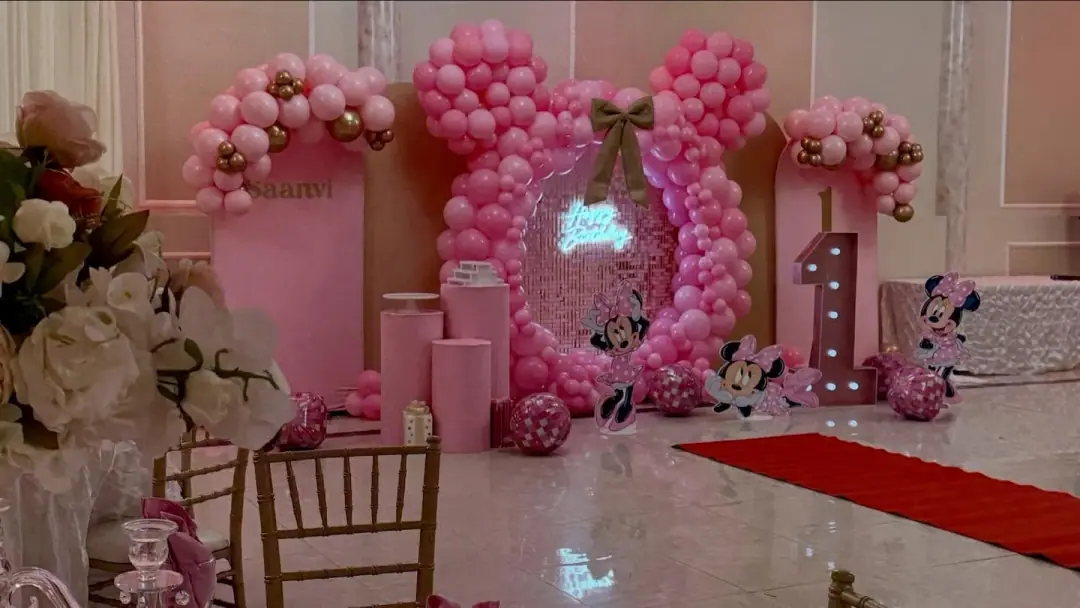 Full Minnie-themed birthday stage in blush + rose gold 💗 — weddings in San Jose