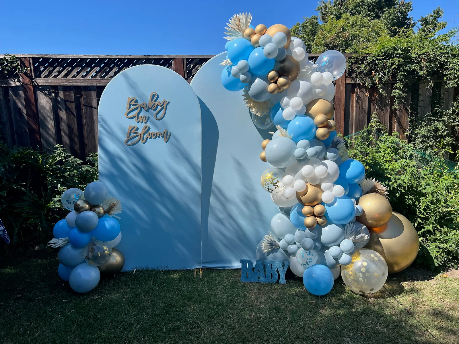 Blue, white and gold baby shower balloon garland across twin arched panels with a Baby in Bloom sign